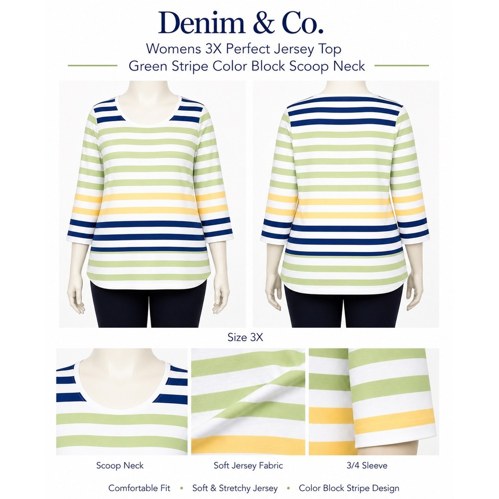 Denim & Co Womens 3X Perfect Jersey Stripe 3/4 Sleeve Scoop Neck Top A222175